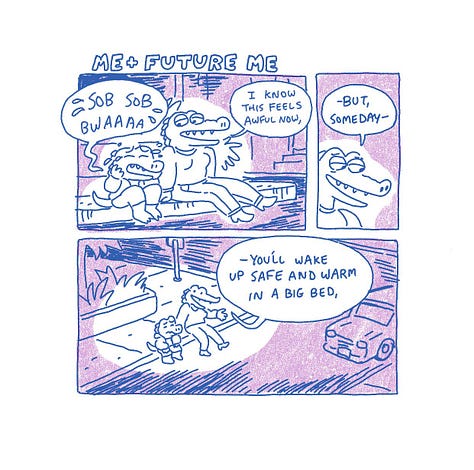 First two images show three panel comics of two anthromorphized crocodiles, one older, one younger, sitting on a street corner, lit by a street lamp. The younger one is crying: "SOB SOB BWAAA." The older one comforts them saying (across five panels): "I know this feels awful now, -but, someday- -you'll wake up safe and warm in a big bed, and this will be a bad memory. A paragraph in a book in a corner of your mind. Always there, but shrinking every day. Isn't that nice?" Last panel of the second image shows the younger crocodile sniffing, still snotty and sad. The last image is a panel of a drawn snapshot of the two alligators laughing. The little one is sipping a soda, and the older one is holding fries. It says: And then my future self bought me McDonalds!