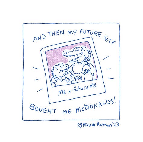 First two images show three panel comics of two anthromorphized crocodiles, one older, one younger, sitting on a street corner, lit by a street lamp. The younger one is crying: "SOB SOB BWAAA." The older one comforts them saying (across five panels): "I know this feels awful now, -but, someday- -you'll wake up safe and warm in a big bed, and this will be a bad memory. A paragraph in a book in a corner of your mind. Always there, but shrinking every day. Isn't that nice?" Last panel of the second image shows the younger crocodile sniffing, still snotty and sad. The last image is a panel of a drawn snapshot of the two alligators laughing. The little one is sipping a soda, and the older one is holding fries. It says: And then my future self bought me McDonalds!